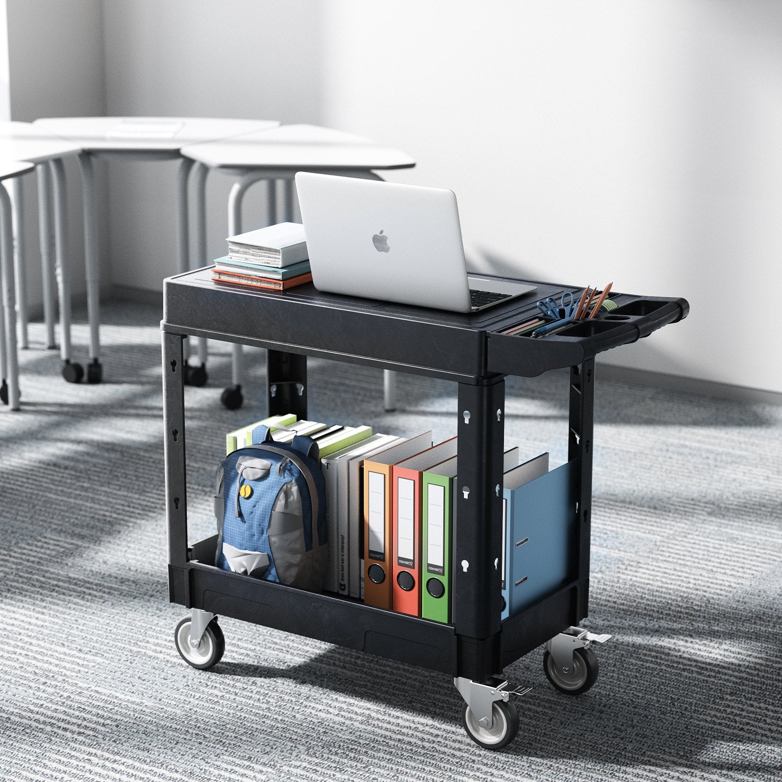 VEVOR Utility Cart, 550 lbs Load Capacity, 31.3 x 17.7-inch Service Cart, Two-Shelf Heavy Duty Plastic Utility Cart with 360° Swivel Wheels (2 with Brakes), Suitable for Warehouse, Garage, Cleaning