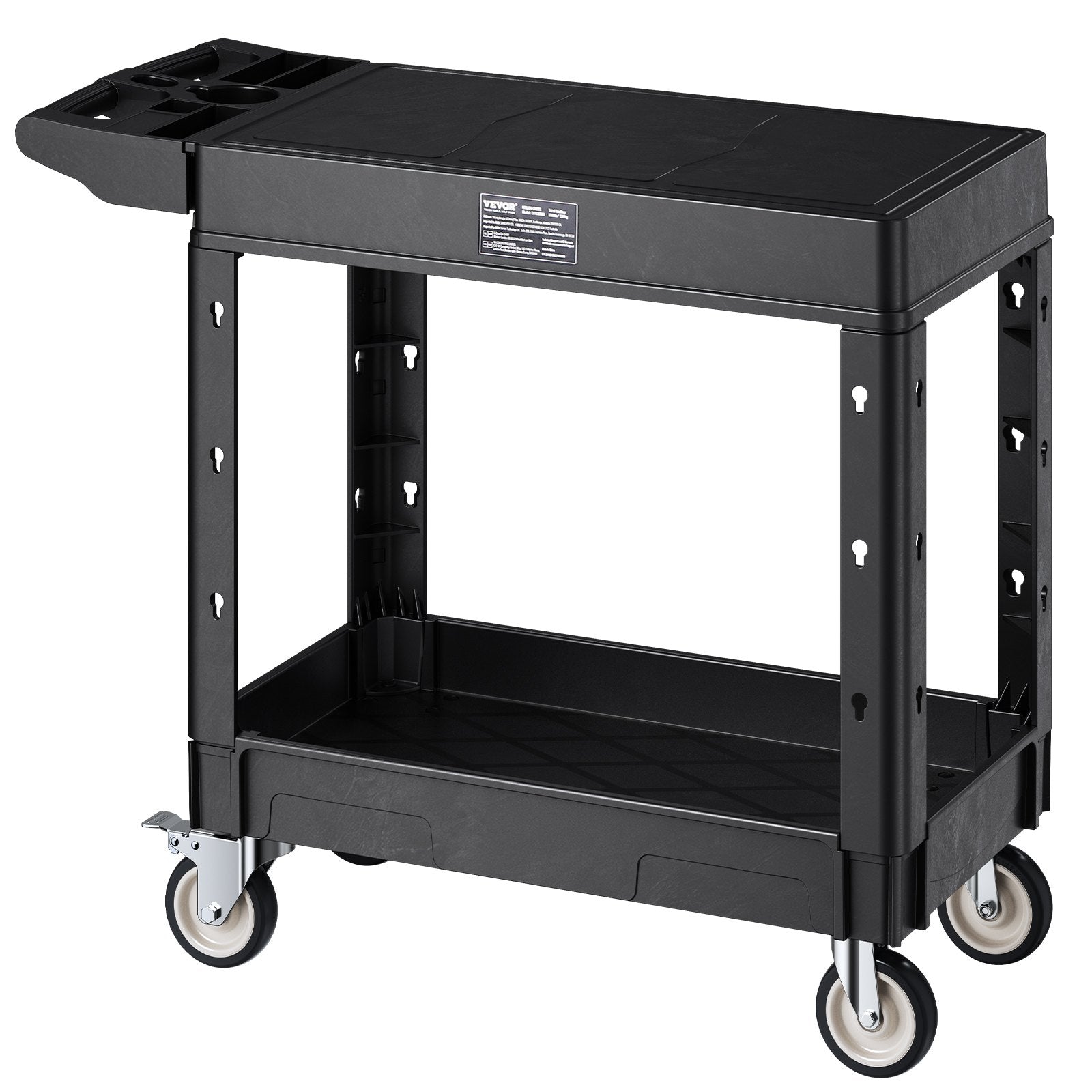 VEVOR Utility Cart, 550 lbs Load Capacity, 31.3 x 17.7-inch Service Cart, Two-Shelf Heavy Duty Plastic Utility Cart with 360° Swivel Wheels (2 with Brakes), Suitable for Warehouse, Garage, Cleaning