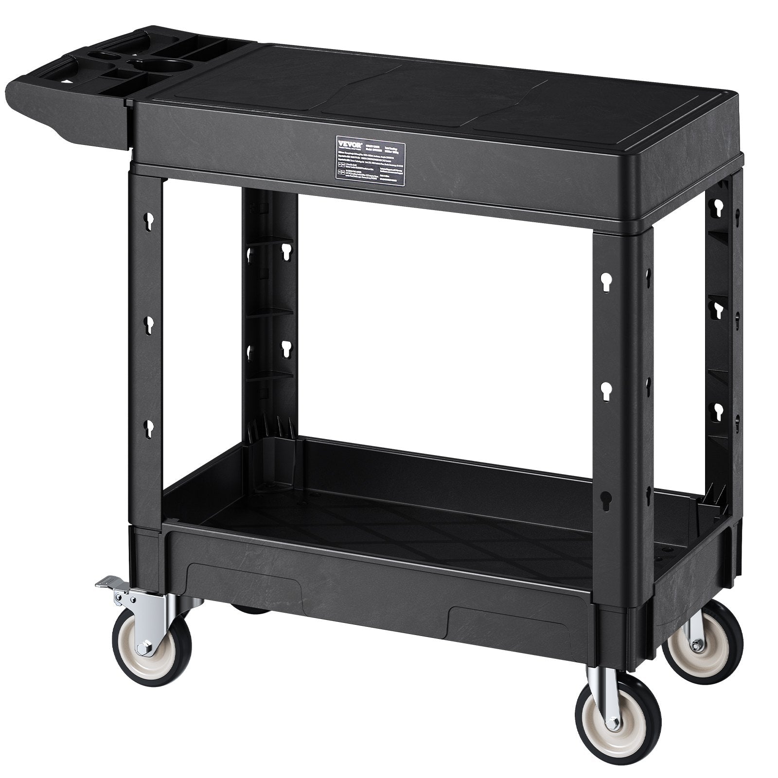 VEVOR Utility Cart, 550 lbs Load Capacity, 31.3 x 17.7-inch Service Cart, Two-Shelf Heavy Duty Plastic Utility Cart with 360° Swivel Wheels (2 with Brakes), Suitable for Warehouse, Garage, Cleaning