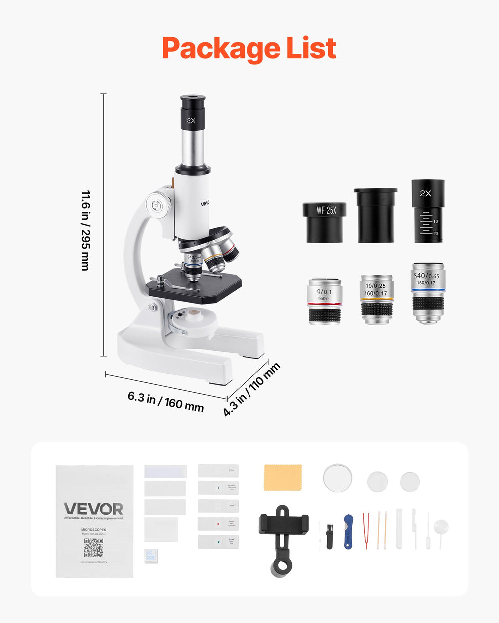 VEVOR Monocular Microscope for Adults, Professional Compound Microscope Kit, 40-2000X Magnification, Aluminum Alloy Body, Includes LED Light and Phone Holder, for Laboratory, School, Home, Education