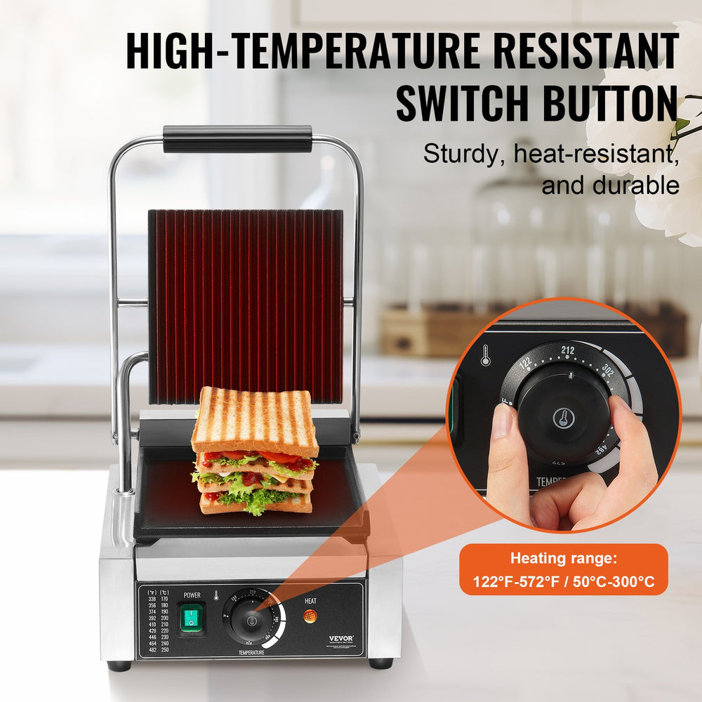 VEVOR Commercial Panini Grill, 1800W Electric Sandwich Panini Maker, Stainless Steel Sandwich Press Grill, Panini Grill with Temp Control & 9"x9" Flat Enamel Plate, for Hamburger Steak Bacon