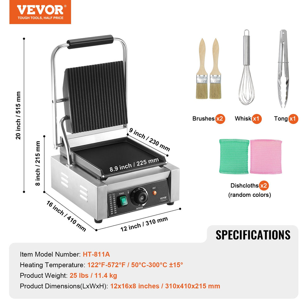VEVOR Commercial Panini Grill, 1800W Electric Sandwich Panini Maker, Stainless Steel Sandwich Press Grill, Panini Grill with Temp Control & 9"x9" Flat Enamel Plate, for Hamburger Steak Bacon