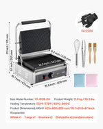 VEVOR Commercial Panini Grill, 2200W Electric Sandwich Panini Maker, Stainless Steel Sandwichs Press Grill with Handle and Temp Control, 34x23 cm Full Grooved Enamel Plate, for Hamburger Steak Bacon