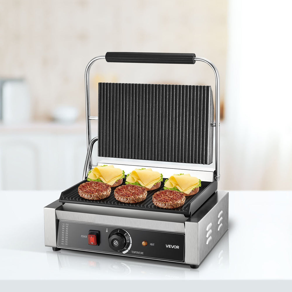 VEVOR Commercial Panini Grill, 2200W Electric Sandwich Panini Maker, Stainless Steel Sandwichs Press Grill with Handle and Temp Control, 34x23 cm Full Grooved Enamel Plate, for Hamburger Steak Bacon