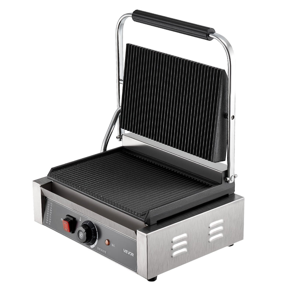 VEVOR Commercial Panini Grill, 2200W Electric Sandwich Panini Maker, Stainless Steel Sandwichs Press Grill with Handle and Temp Control, 34x23 cm Full Grooved Enamel Plate, for Hamburger Steak Bacon