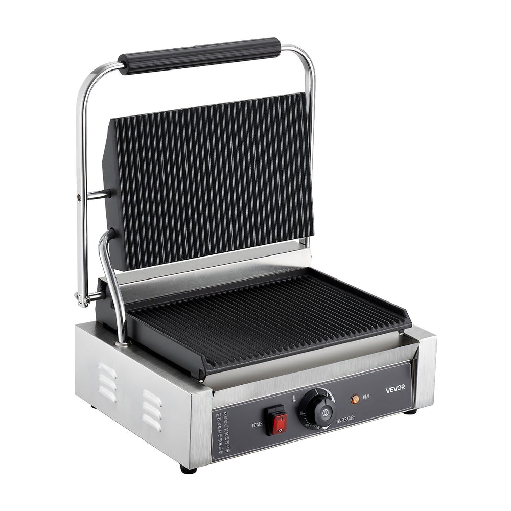 VEVOR Commercial Panini Grill, 2200W Electric Sandwich Panini Maker, Stainless Steel Sandwichs Press Grill with Handle and Temp Control, 34x23 cm Full Grooved Enamel Plate, for Hamburger Steak Bacon