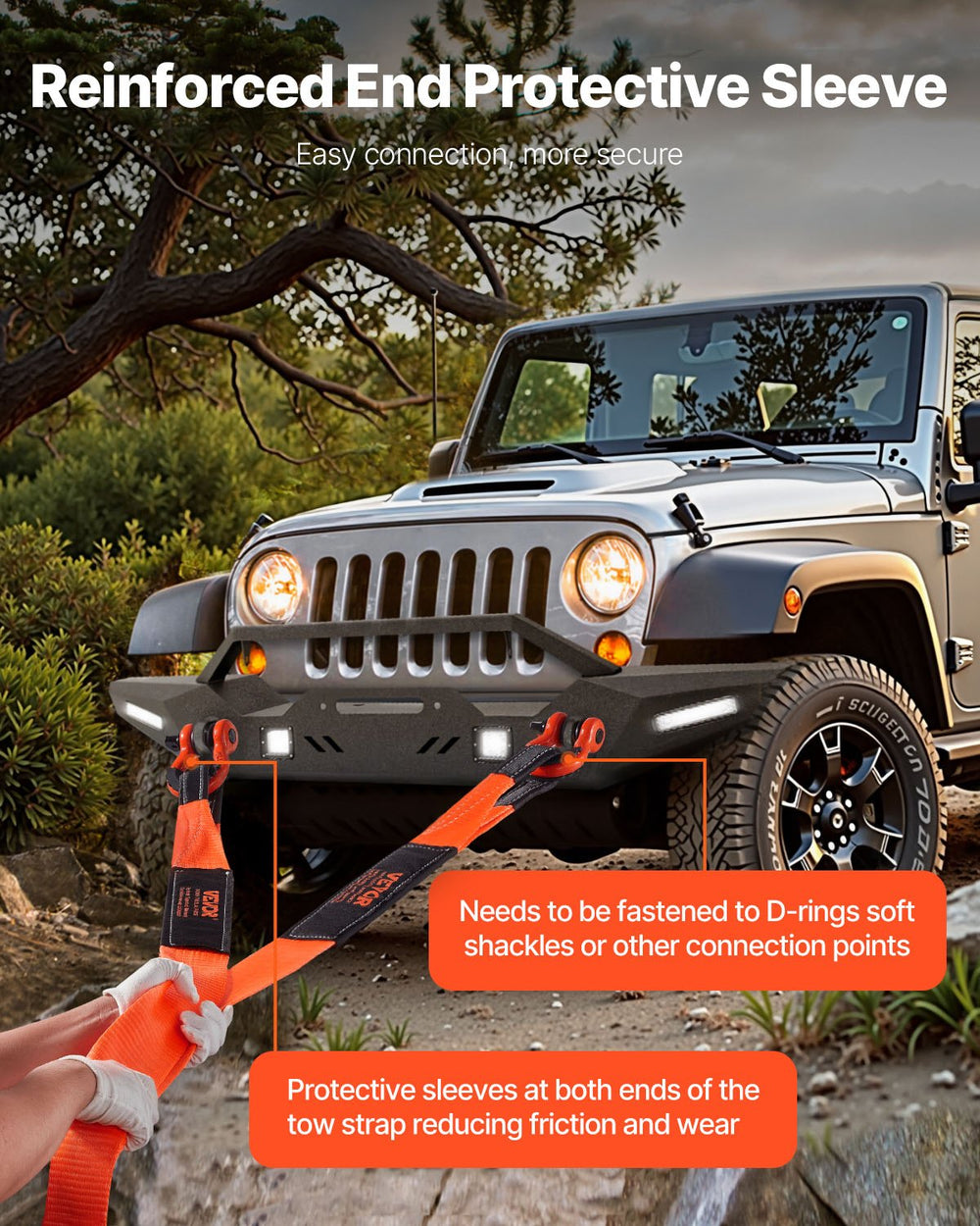 VEVOR Recovery Tow Strap 76.2 mm, 2.4 m 16329 kg Break Strength, Triple Reinforced Loop Straps, Tree Saver, Winch Line Extension Strap, Off Road Towing and Recovery, Extreme Weather Resistance