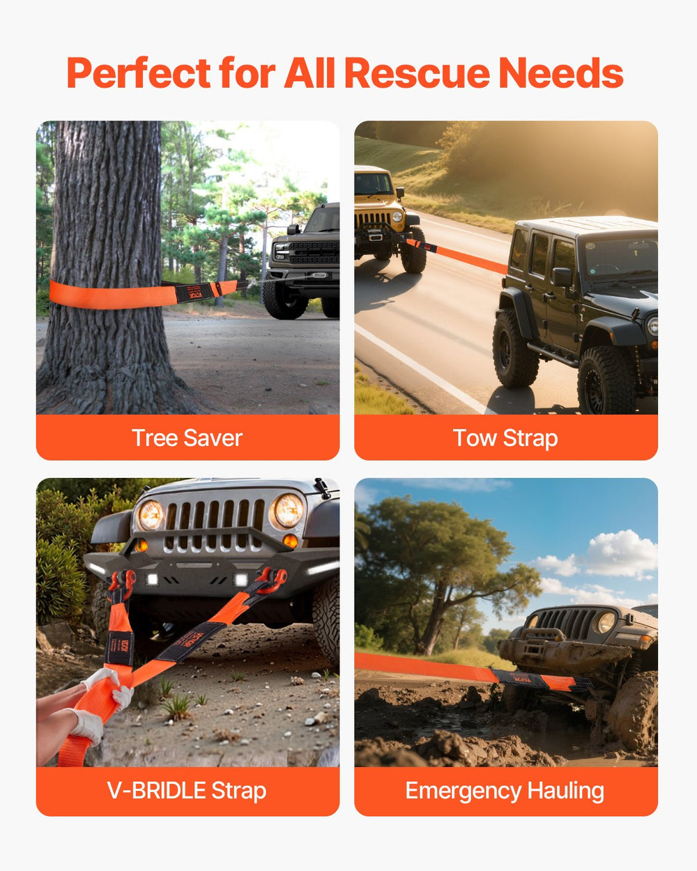 VEVOR Recovery Tow Strap 76.2 mm, 2.4 m 16329 kg Break Strength, Triple Reinforced Loop Straps, Tree Saver, Winch Line Extension Strap, Off Road Towing and Recovery, Extreme Weather Resistance