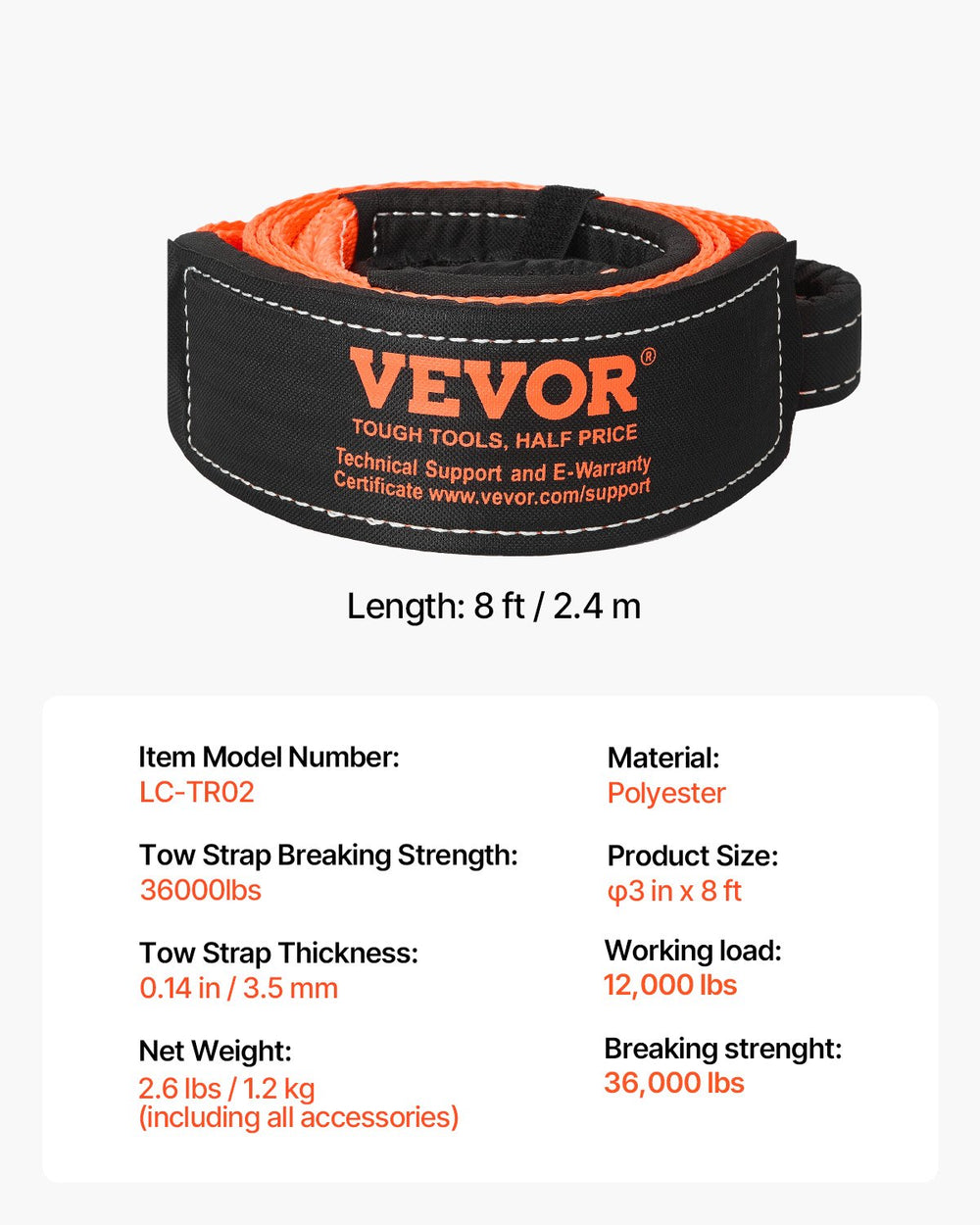 VEVOR Recovery Tow Strap 76.2 mm, 2.4 m 16329 kg Break Strength, Triple Reinforced Loop Straps, Tree Saver, Winch Line Extension Strap, Off Road Towing and Recovery, Extreme Weather Resistance