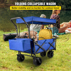 VEVOR Collapsible Wagon with Canopy, 220lbs Foldable Wagon, Beach Wagon Cart with Big Wheels and Canopy with Adjustable Push Pulling Handles