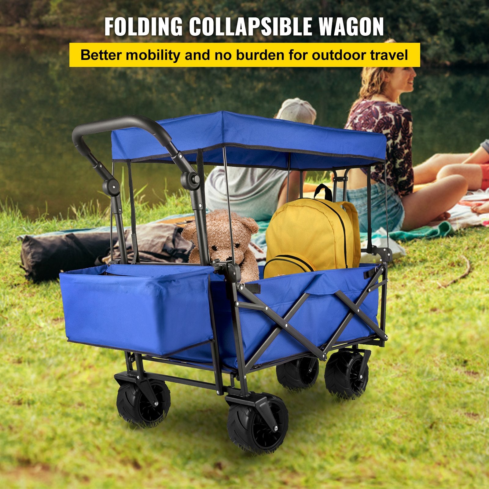 VEVOR Collapsible Wagon with Canopy, 220lbs Foldable Wagon, Beach Wagon Cart with Big Wheels and Canopy with Adjustable Push Pulling Handles