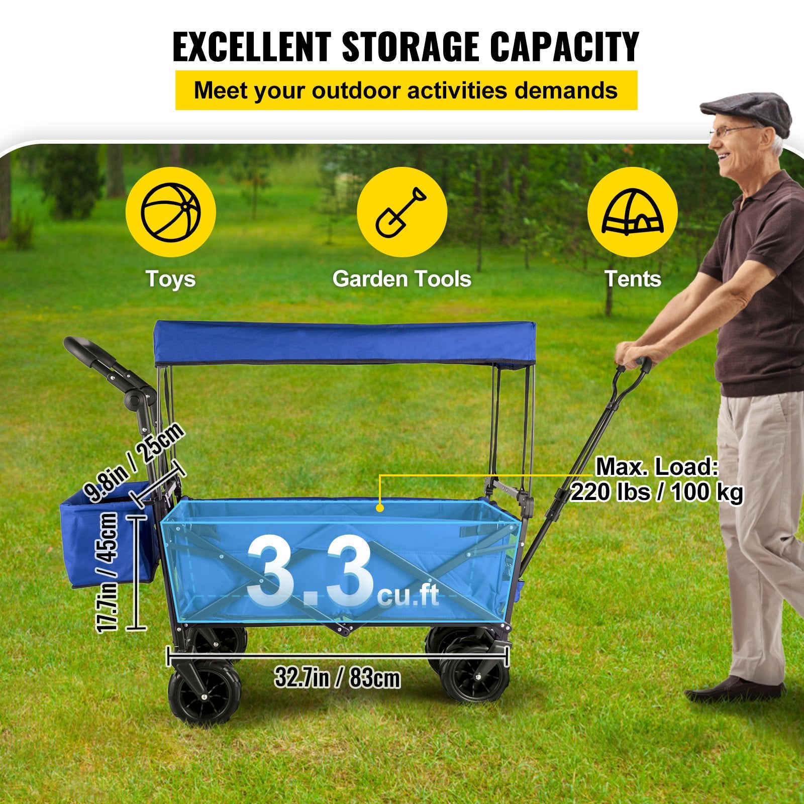 VEVOR Collapsible Wagon with Canopy, 220lbs Foldable Wagon, Beach Wagon Cart with Big Wheels and Canopy with Adjustable Push Pulling Handles