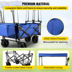 VEVOR Collapsible Wagon with Canopy, 220lbs Foldable Wagon, Beach Wagon Cart with Big Wheels and Canopy with Adjustable Push Pulling Handles