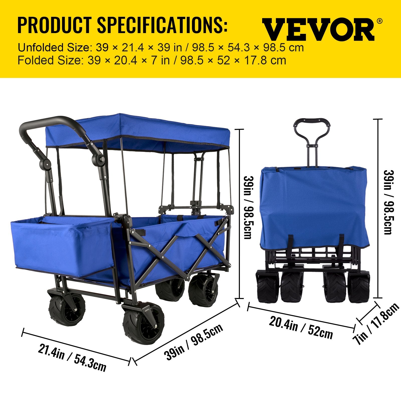 VEVOR Collapsible Wagon with Canopy, 220lbs Foldable Wagon, Beach Wagon Cart with Big Wheels and Canopy with Adjustable Push Pulling Handles