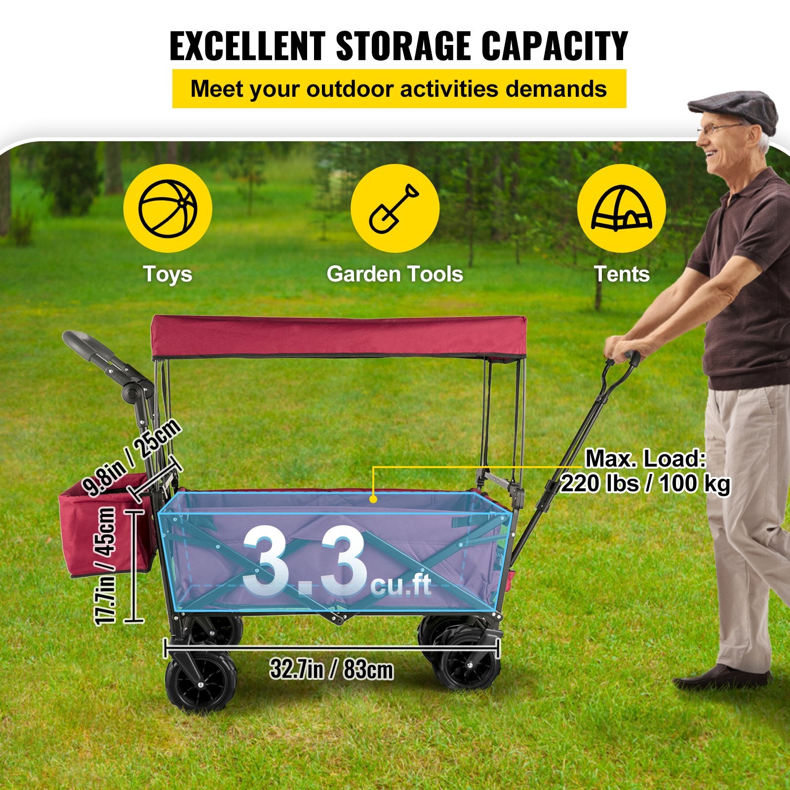 VEVOR Collapsible Wagon with Removable Canopy, 220lbs Heavy Duty Foldable Beach Wagon with Big Wheels, Folding Outdoor Utility Wagon Garden Cart with Adjustable Push Pulling Handles