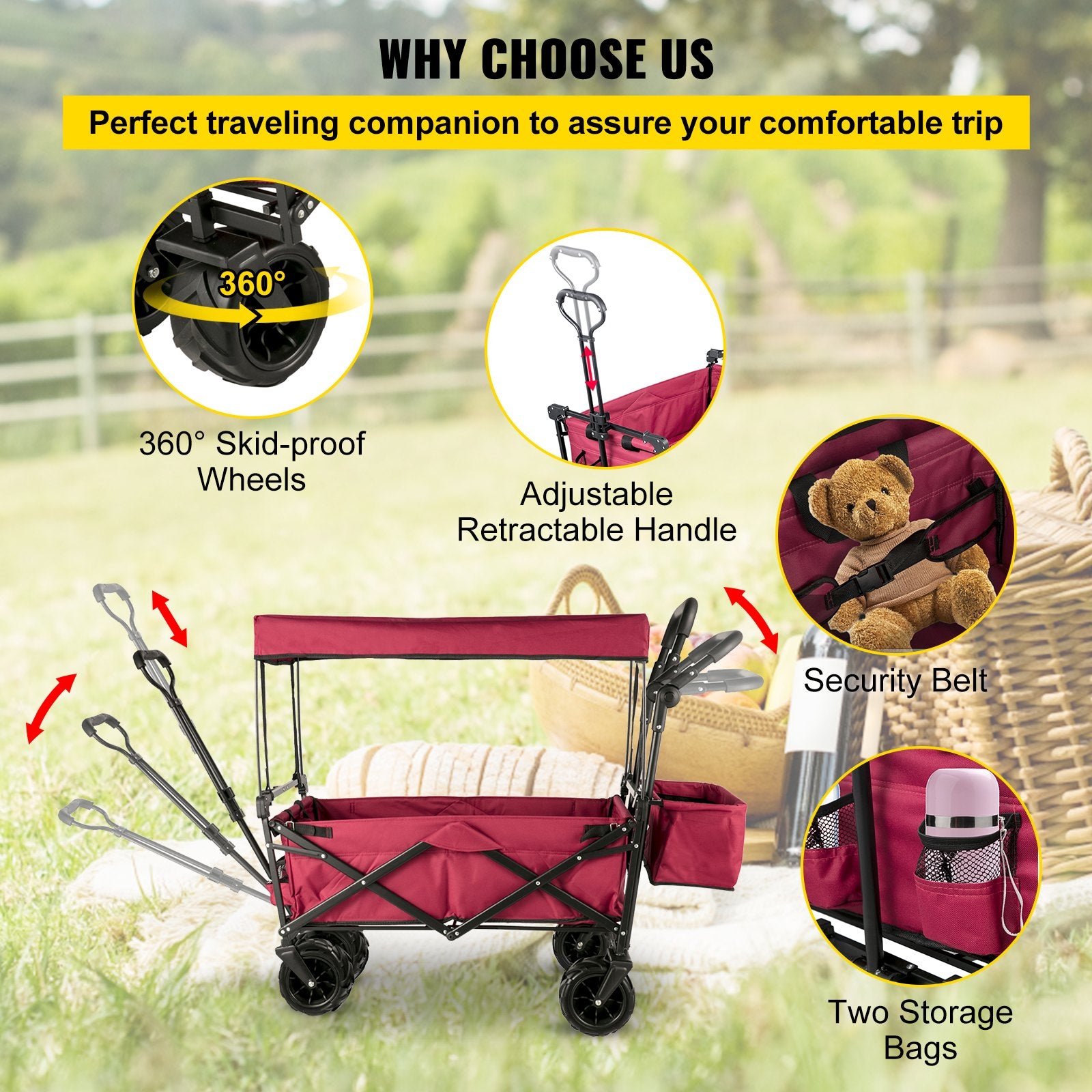 VEVOR Collapsible Wagon with Removable Canopy, 220lbs Heavy Duty Foldable Beach Wagon with Big Wheels, Folding Outdoor Utility Wagon Garden Cart with Adjustable Push Pulling Handles