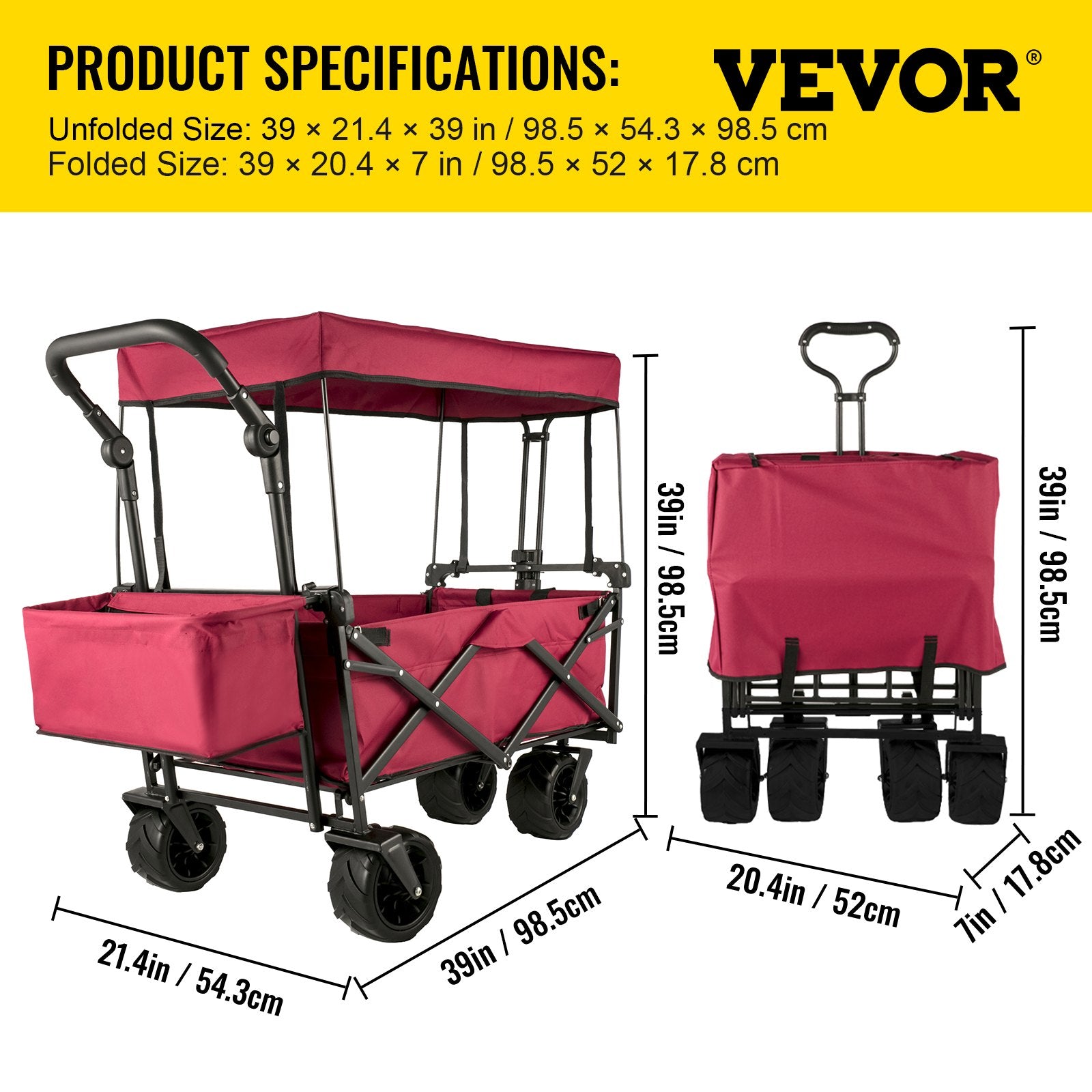 VEVOR Collapsible Wagon with Removable Canopy, 220lbs Heavy Duty Foldable Beach Wagon with Big Wheels, Folding Outdoor Utility Wagon Garden Cart with Adjustable Push Pulling Handles