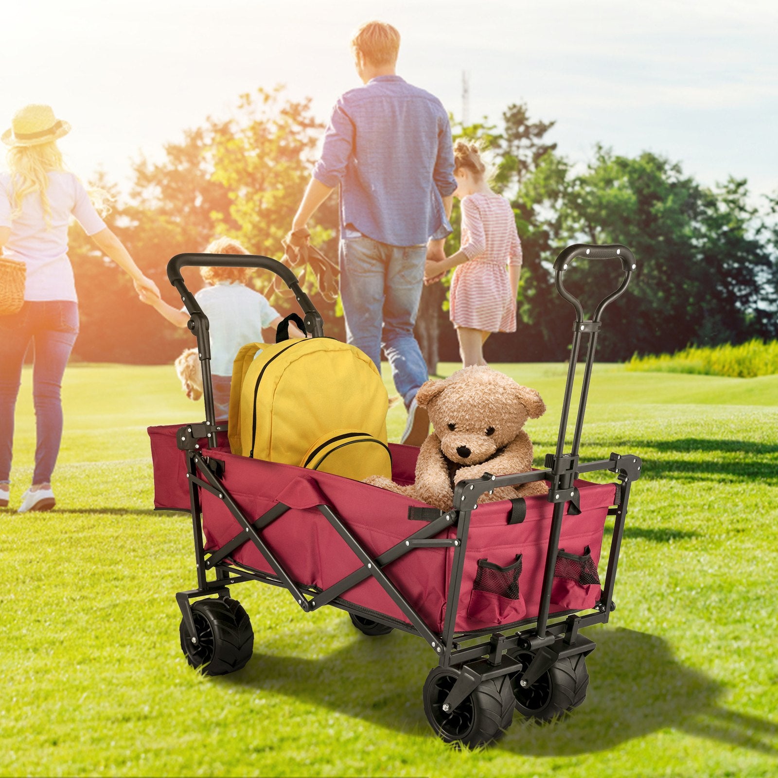 VEVOR Collapsible Wagon with Removable Canopy, 220lbs Heavy Duty Foldable Beach Wagon with Big Wheels, Folding Outdoor Utility Wagon Garden Cart with Adjustable Push Pulling Handles