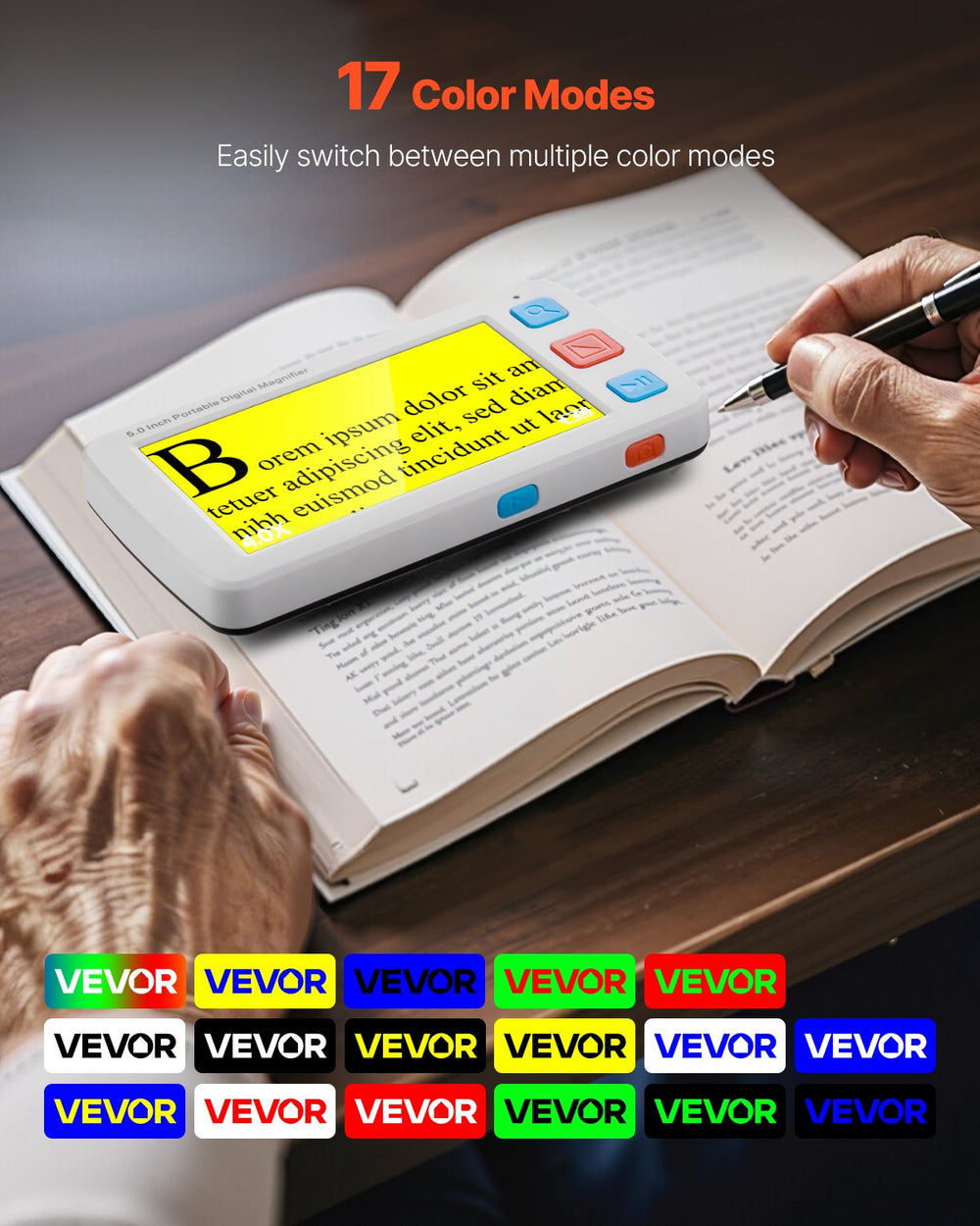 VEVOR Portable Digital Magnifier, 127mm HD Electronic Video Magnifier for Low Version, 4X - 32X Zoom Electronic Reading Aid with 17 Color Mode, AV Output, Foldable Handle & 5-Level Screen Brightness