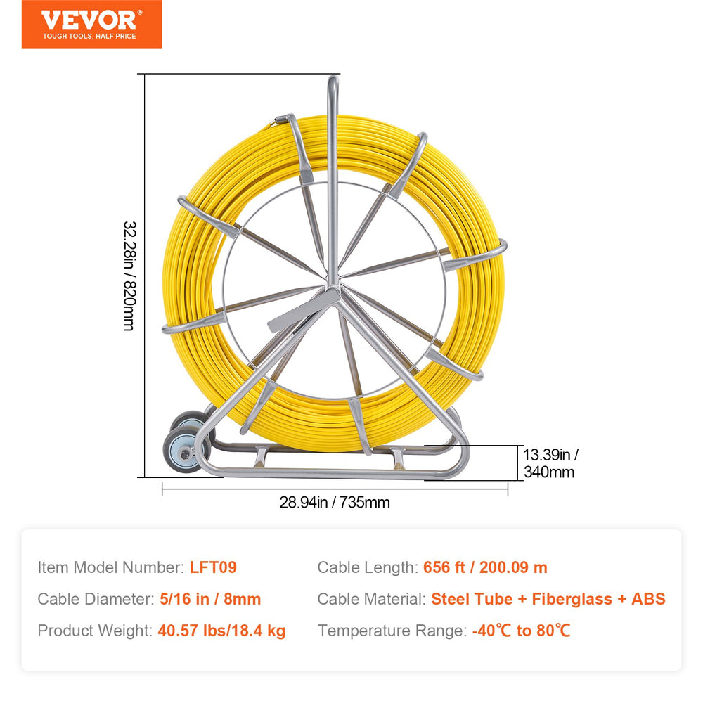 VEVOR Fish Tape Puller Fiberglass 200mx7,9mm (656 ft 5/16 in) Wire Cable Running Duct Rodder