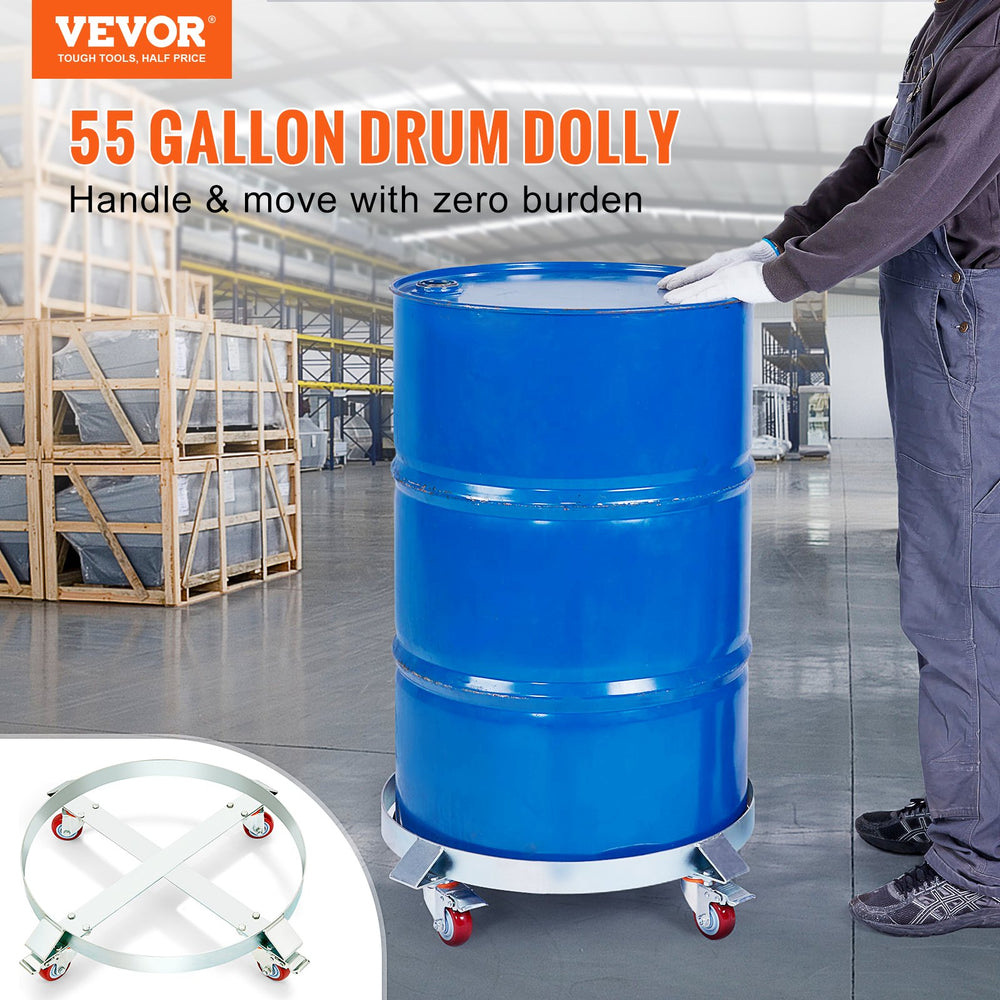 VEVOR 208.2 L Heavy Duty Drum Dolly, 453.6 kg Load Capacity, Barrel Dolly Cart Drum Caddy, Non Tipping Hand Truck Capacity Dollies with Steel Frame 4 Swivel Casters Wheel, for Warehouse Drum Handling