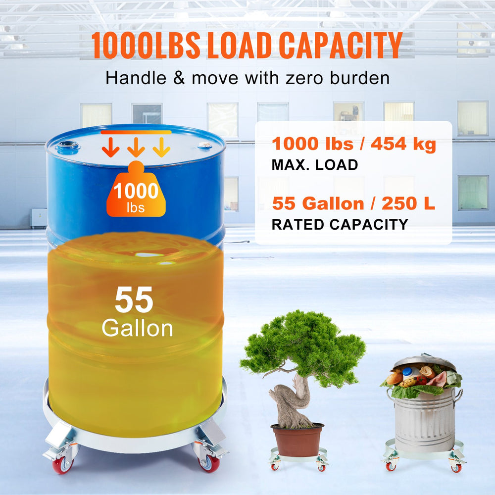 VEVOR 208.2 L Heavy Duty Drum Dolly, 453.6 kg Load Capacity, Barrel Dolly Cart Drum Caddy, Non Tipping Hand Truck Capacity Dollies with Steel Frame 4 Swivel Casters Wheel, for Warehouse Drum Handling