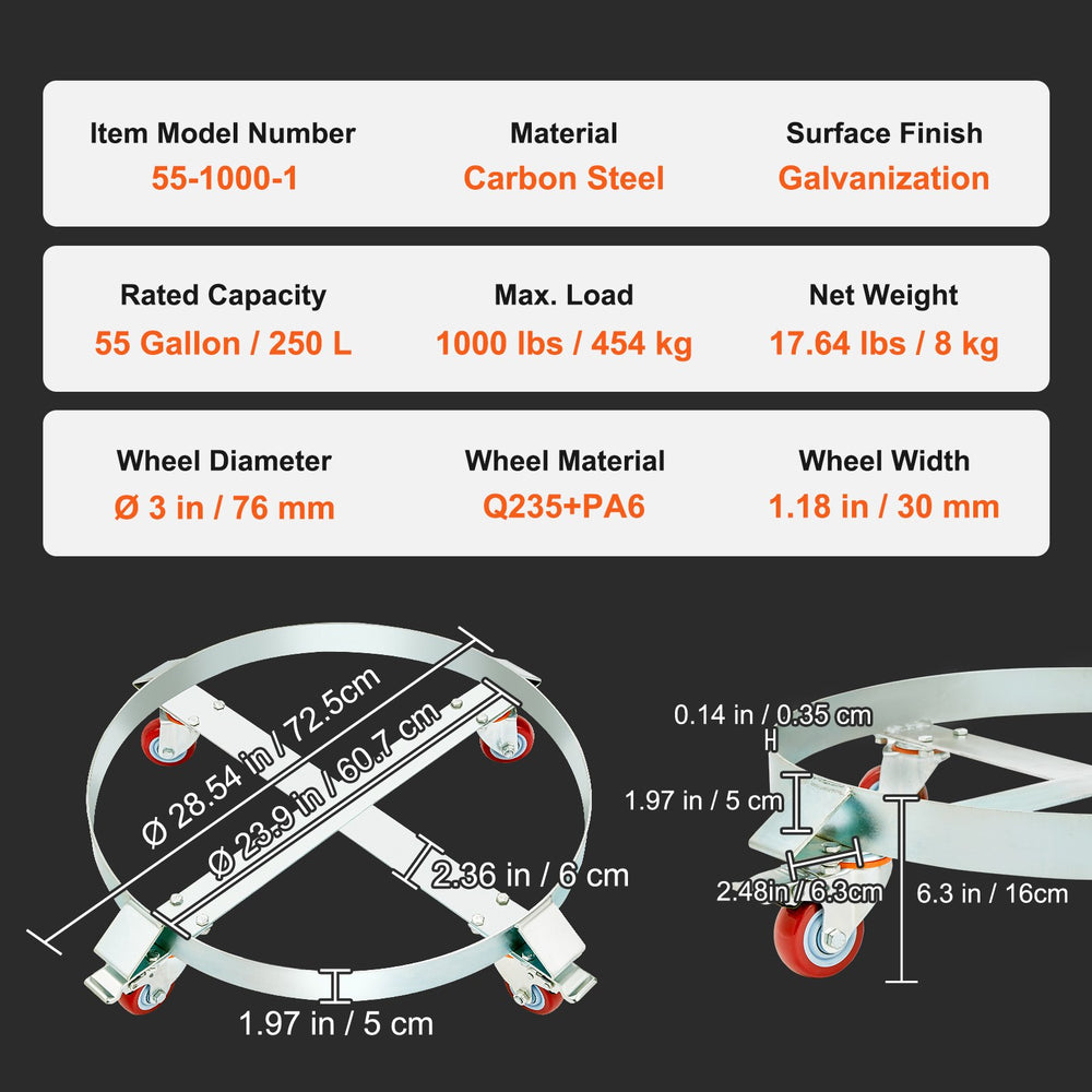 VEVOR 208.2 L Heavy Duty Drum Dolly, 453.6 kg Load Capacity, Barrel Dolly Cart Drum Caddy, Non Tipping Hand Truck Capacity Dollies with Steel Frame 4 Swivel Casters Wheel, for Warehouse Drum Handling