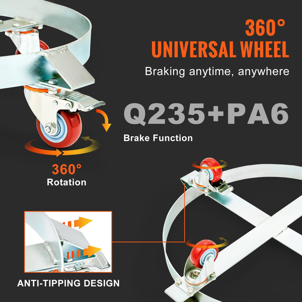 VEVOR 2PCS 208.2 L Heavy Duty Drum Dolly, 453.6 kg Load Capacity, Barrel Dolly Cart Drum Caddy, Non Tipping Hand Truck Capacity Dollies with Steel Frame 4 Swivel Casters Wheel, for Drum Handling