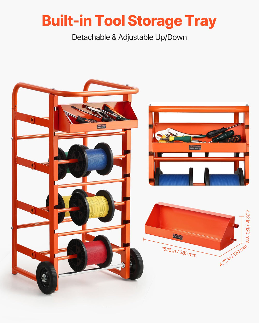 VEVOR Wire Spool Rack, 11 Rods, Multi-Spool Wire Rack Dispenser, Cable Caddy with Wheels, Cable Holder with Storage Tray for Wiring Storage, for Electrical, Industrial & Retail Use, Working Efficiency