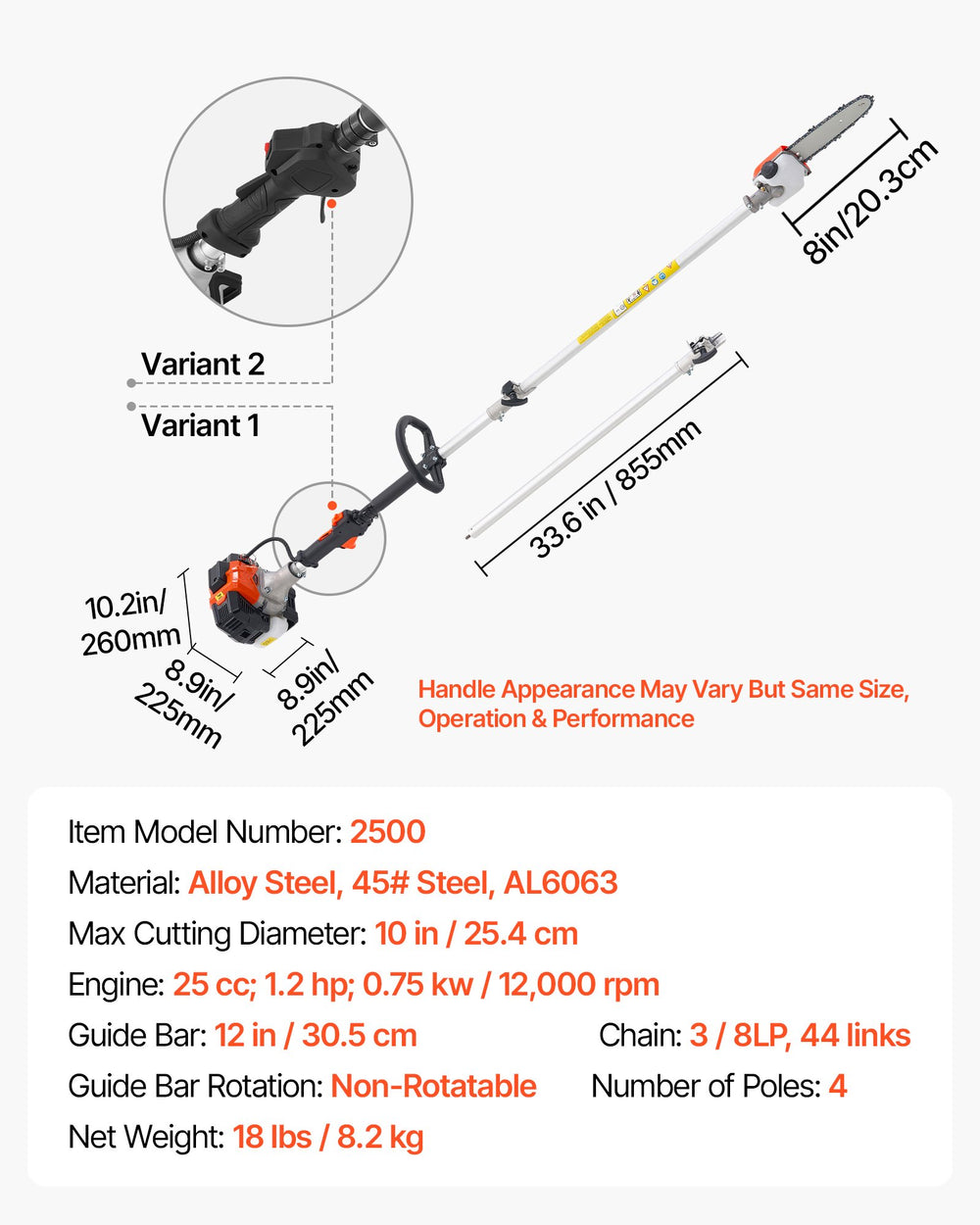 VEVOR Gas Pole Saw, 25CC 2 Stroke Gas Powered Pole Saws with 20.3 cm Cutting Bar, Cordless Tree Trimmer with 650ml Fuel Tank, 2 to 2.74 m Extendable, Powerful Chainsaw for Tree Trimming Pruning