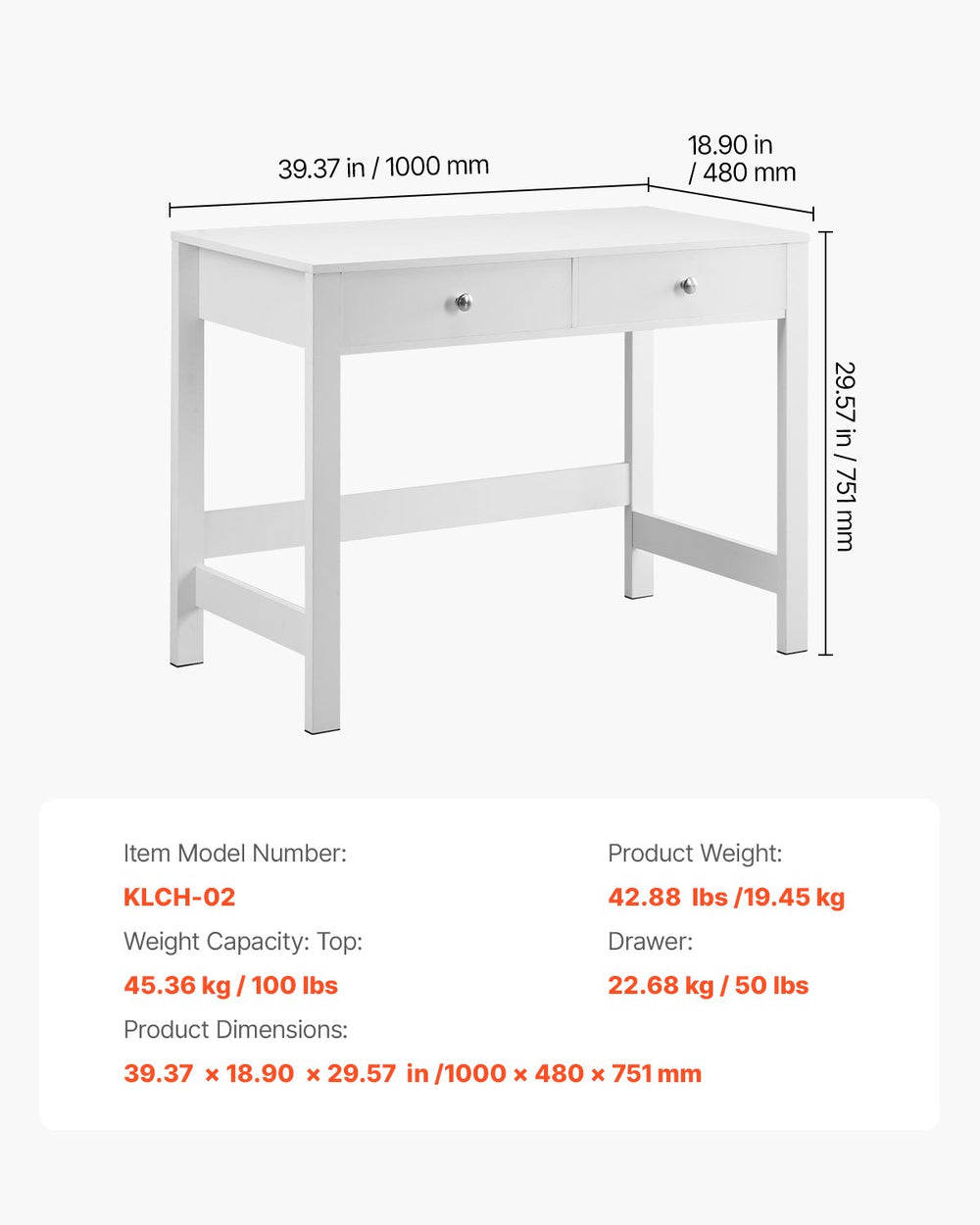 VEVOR Small Desk with Drawers, Kids Desk for Bedroom, Modern Simple Study Table for Drawing, Reading, Writing, Rectangle MDF Furniture Study Storage Table for Home, Office, White