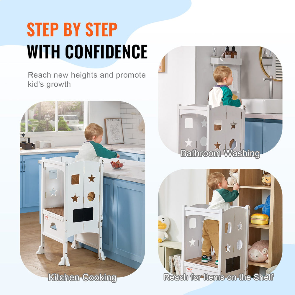 VEVOR Foldable Tower Step Stool for Toddler 3-Level Height 56.75 kg Loading White