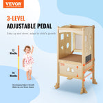 VEVOR Tower Step Stool for Kids and Toddlers, Foldable Toddler Kitchen Stool Helper with 3-Level Adjustable Height & Safety Net, Natural Solid Wood Standing Tower Learning Stool for Bedroom Bathroom