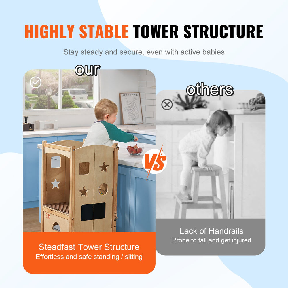 VEVOR Tower Step Stool for Kids and Toddlers, Foldable Toddler Kitchen Stool Helper with 3-Level Adjustable Height & Safety Net, Natural Solid Wood Standing Tower Learning Stool for Bedroom Bathroom