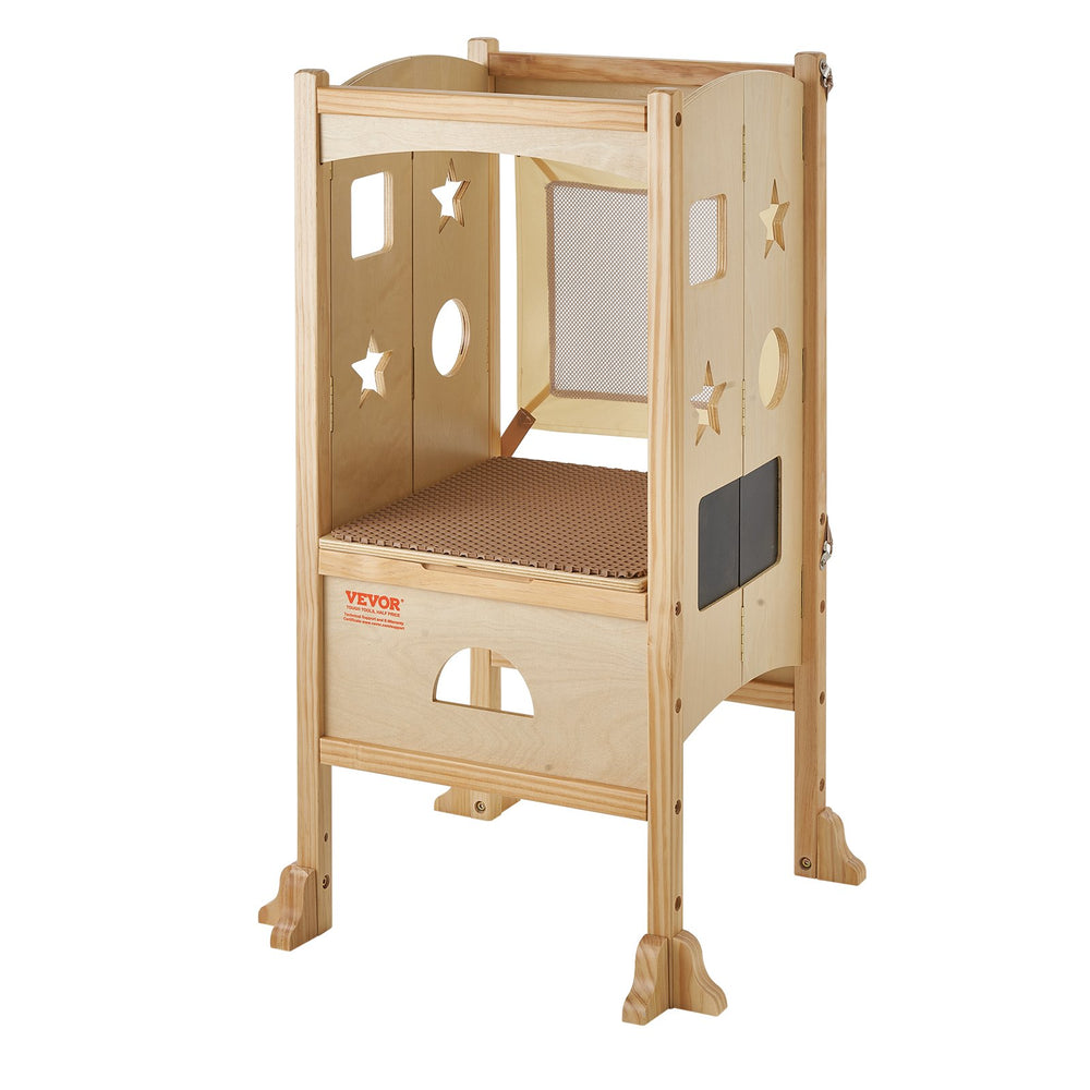 VEVOR Tower Step Stool for Kids and Toddlers, Foldable Toddler Kitchen Stool Helper with 3-Level Adjustable Height & Safety Net, Natural Solid Wood Standing Tower Learning Stool for Bedroom Bathroom