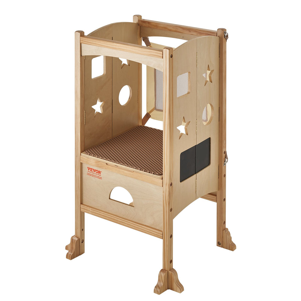 VEVOR Tower Step Stool for Kids and Toddlers, Foldable Toddler Kitchen Stool Helper with 3-Level Adjustable Height & Safety Net, Natural Solid Wood Standing Tower Learning Stool for Bedroom Bathroom