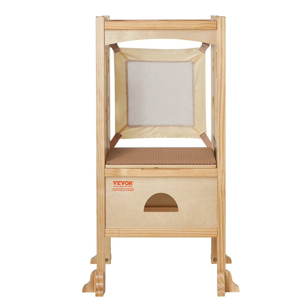 VEVOR Tower Step Stool for Kids and Toddlers, Foldable Toddler Kitchen Stool Helper with 3-Level Adjustable Height & Safety Net, Natural Solid Wood Standing Tower Learning Stool for Bedroom Bathroom