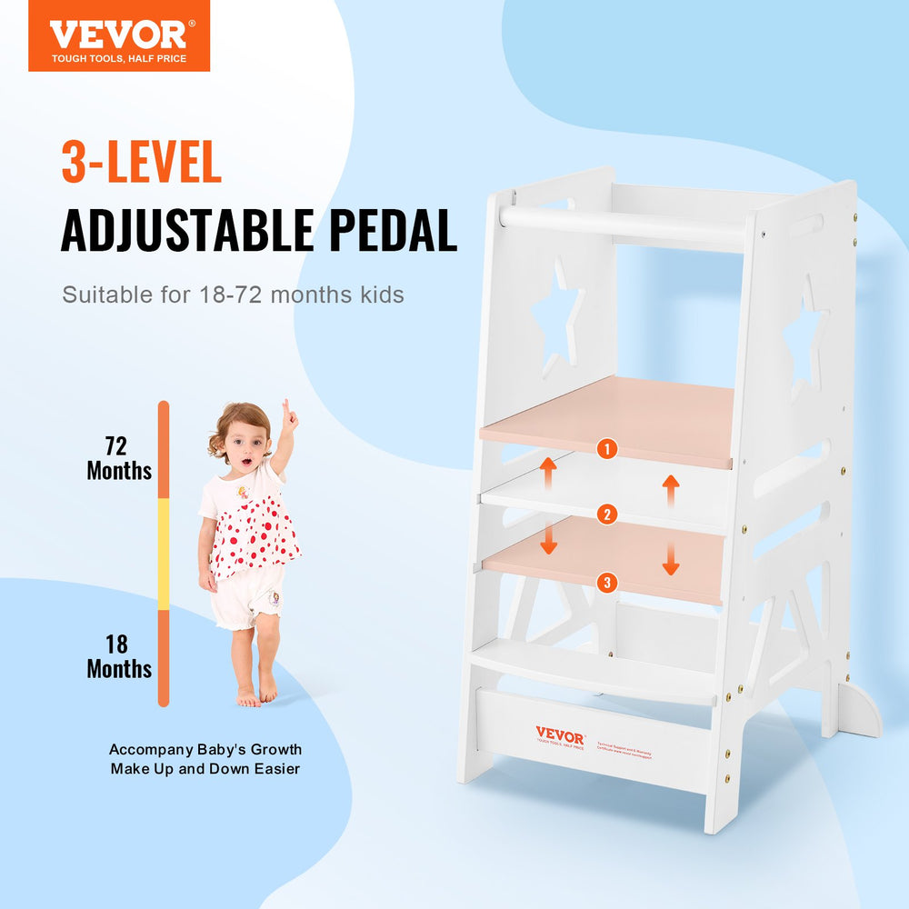 VEVOR Tower Step Stool for Kids and Toddlers, 3-Level Height Adjustable Toddler Kitchen Stool Helper, Bamboo Standing Tower Learning Stool with Safety Rail for Bedroom Bathroom, 350LBS Loading, White