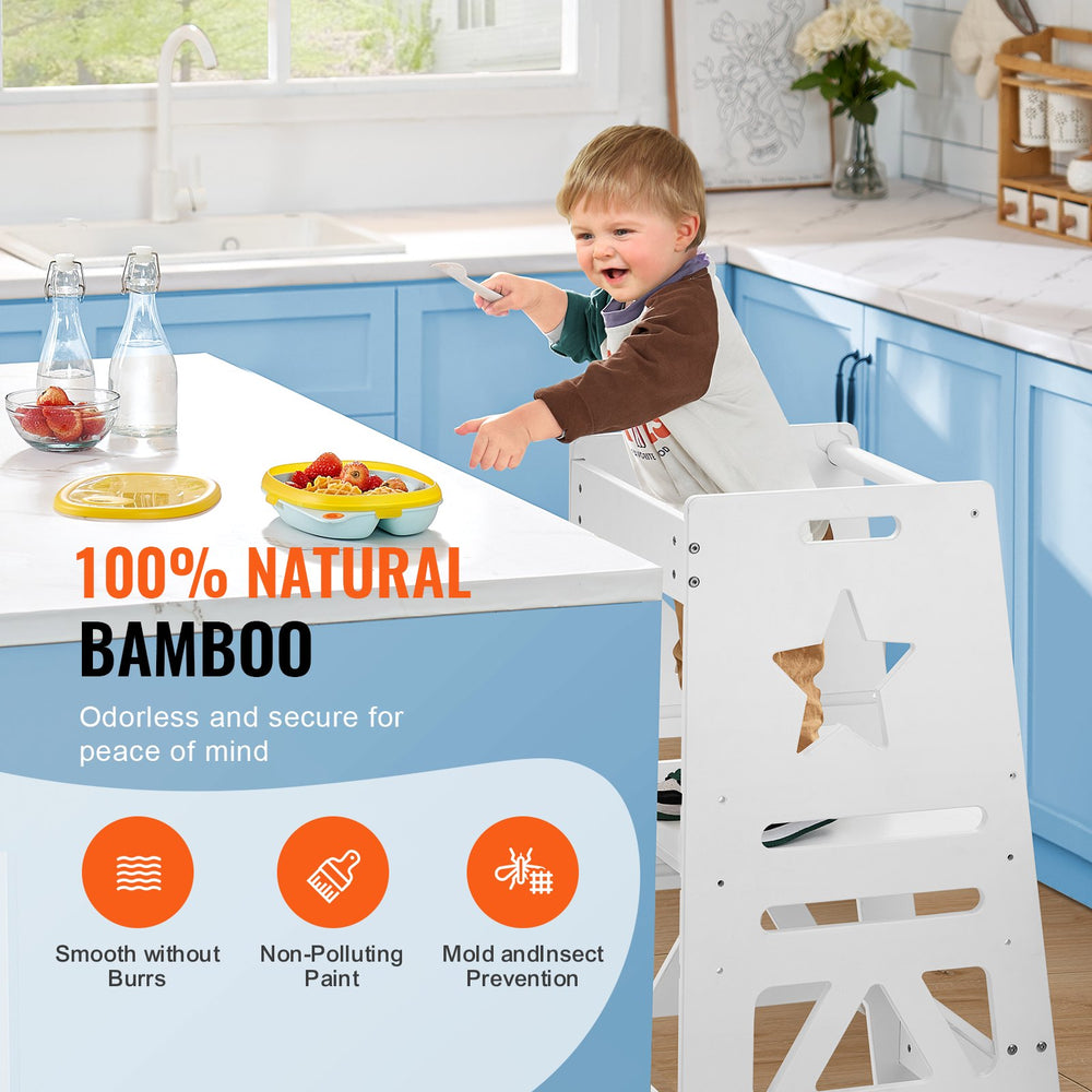 VEVOR Tower Step Stool for Kids and Toddlers, 3-Level Height Adjustable Toddler Kitchen Stool Helper, Bamboo Standing Tower Learning Stool with Safety Rail for Bedroom Bathroom, 350LBS Loading, White