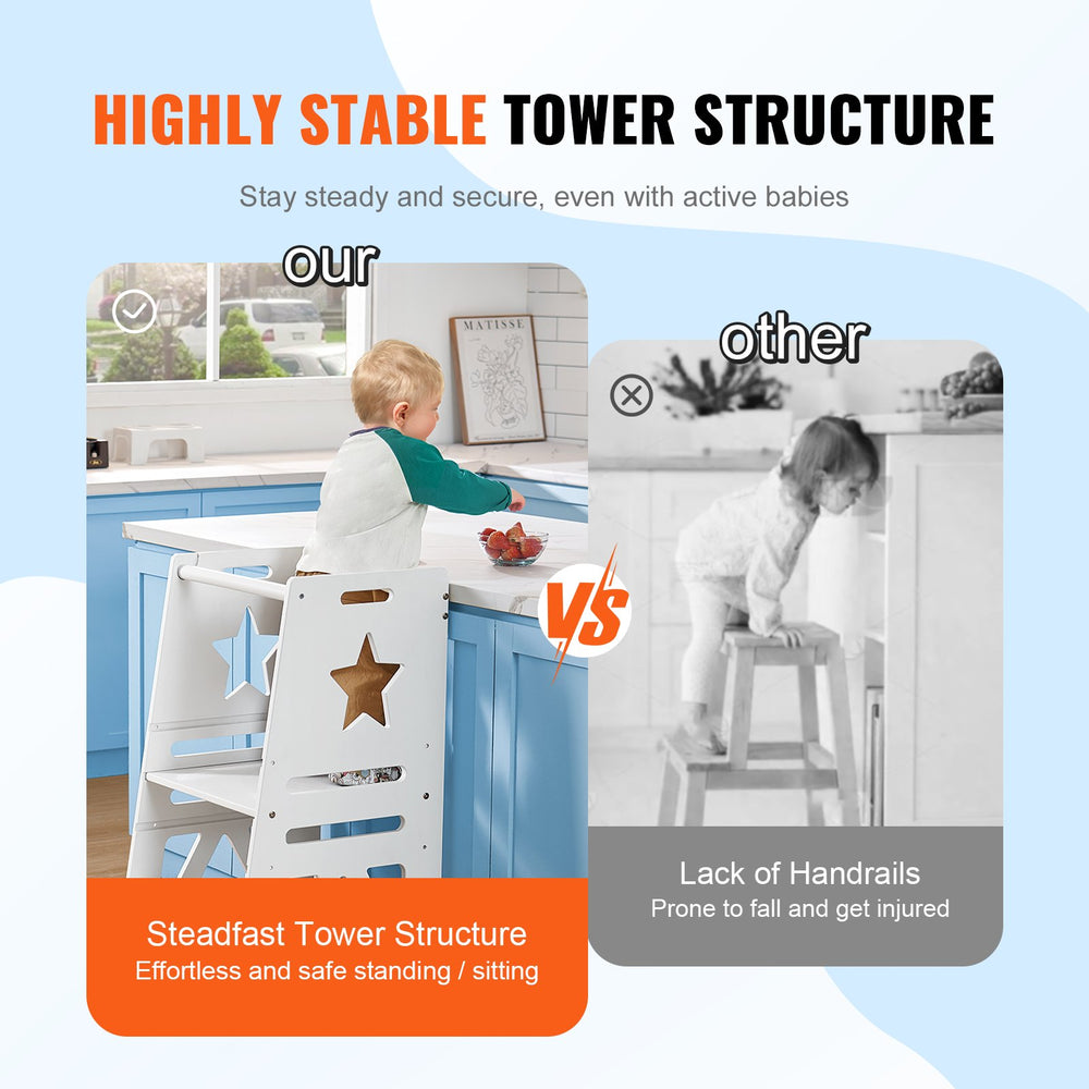 VEVOR Tower Step Stool for Kids and Toddlers, 3-Level Height Adjustable Toddler Kitchen Stool Helper, Bamboo Standing Tower Learning Stool with Safety Rail for Bedroom Bathroom, 350LBS Loading, White