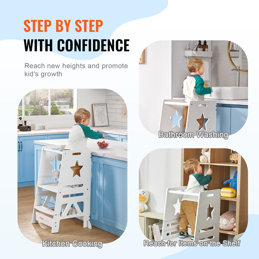 VEVOR Tower Step Stool for Kids and Toddlers, 3-Level Height Adjustable Toddler Kitchen Stool Helper, Bamboo Standing Tower Learning Stool with Safety Rail for Bedroom Bathroom, 350LBS Loading, White