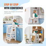 VEVOR Tower Step Stool for Kids and Toddlers, 3-Level Height Adjustable Toddler Kitchen Stool Helper, Bamboo Standing Tower Learning Stool with Safety Rail for Bedroom Bathroom, 350LBS Loading, White