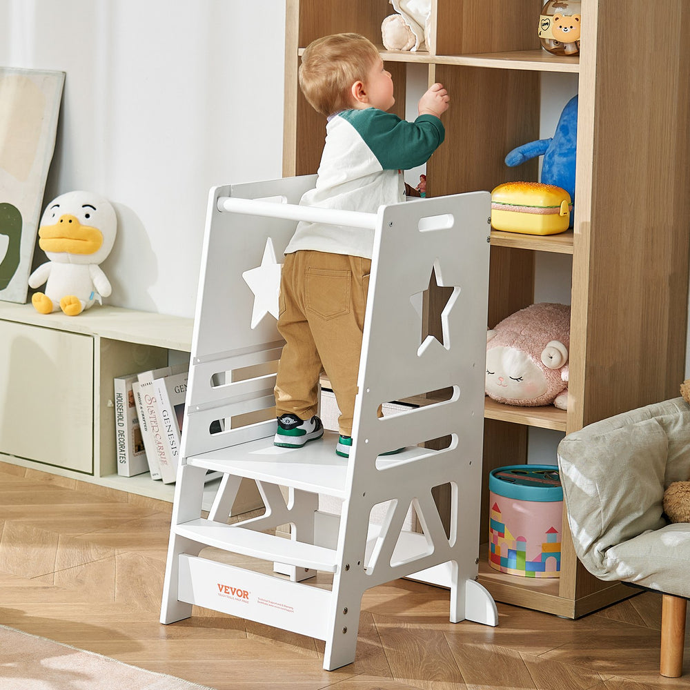 VEVOR Tower Step Stool for Kids and Toddlers, 3-Level Height Adjustable Toddler Kitchen Stool Helper, Bamboo Standing Tower Learning Stool with Safety Rail for Bedroom Bathroom, 350LBS Loading, White