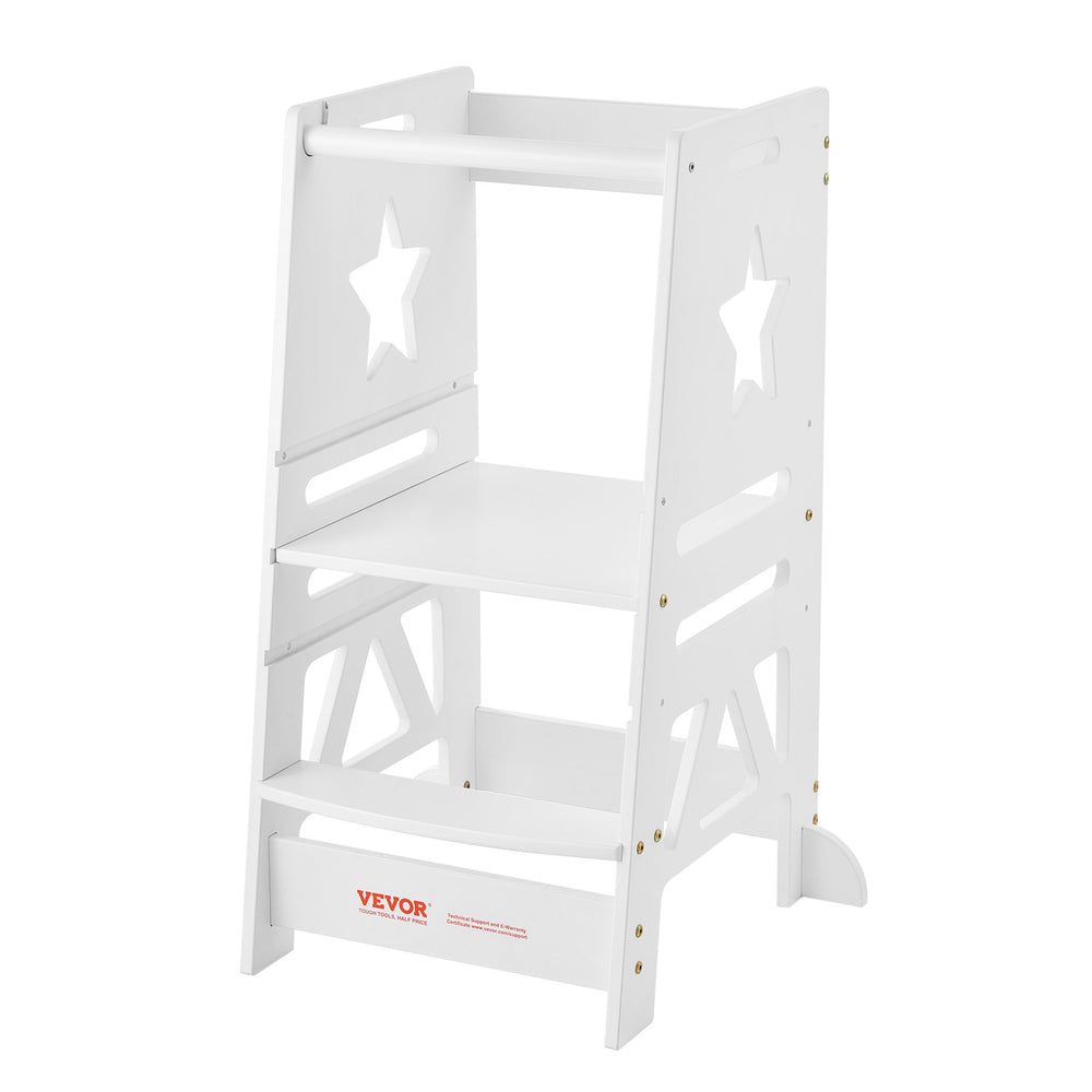 VEVOR Tower Step Stool for Kids and Toddlers, 3-Level Height Adjustable Toddler Kitchen Stool Helper, Bamboo Standing Tower Learning Stool with Safety Rail for Bedroom Bathroom, 350LBS Loading, White