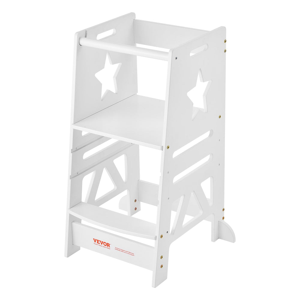 VEVOR Tower Step Stool for Kids and Toddlers, 3-Level Height Adjustable Toddler Kitchen Stool Helper, Bamboo Standing Tower Learning Stool with Safety Rail for Bedroom Bathroom, 350LBS Loading, White