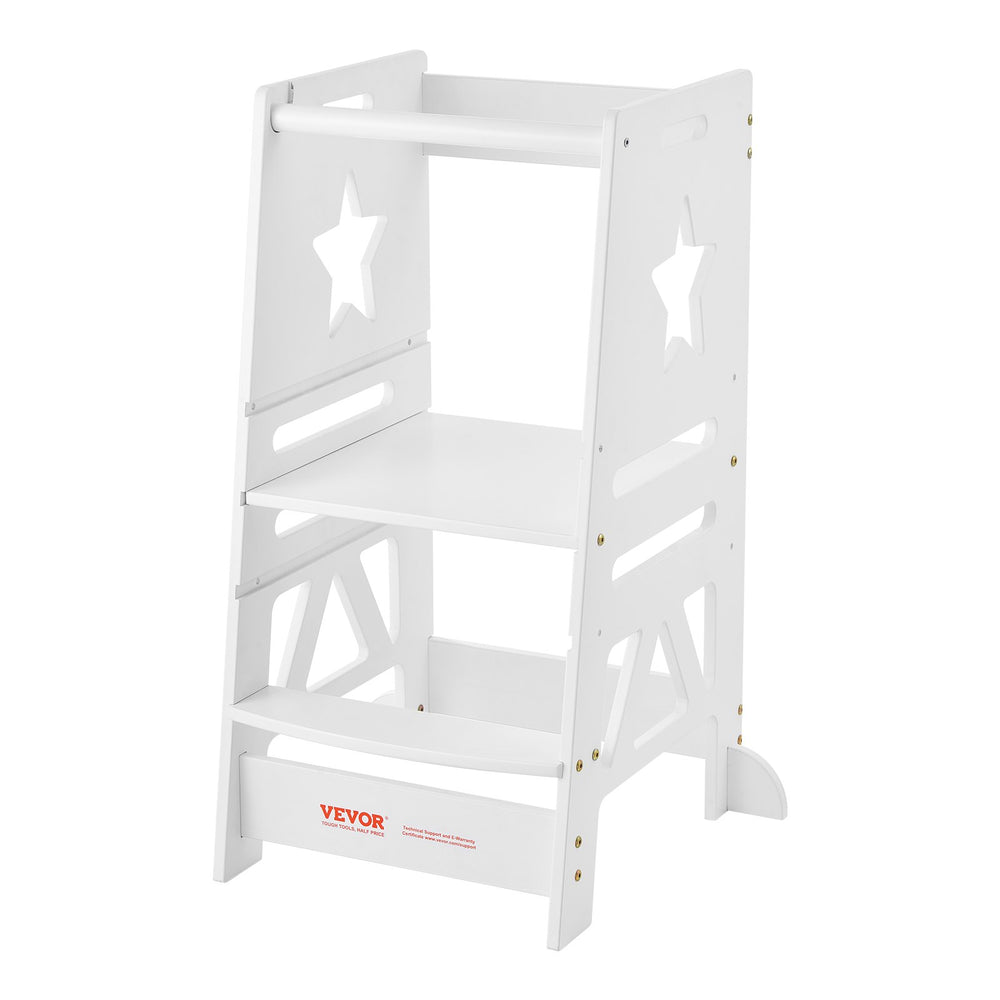 VEVOR Tower Step Stool for Kids and Toddlers, 3-Level Height Adjustable Toddler Kitchen Stool Helper, Bamboo Standing Tower Learning Stool with Safety Rail for Bedroom Bathroom, 350LBS Loading, White