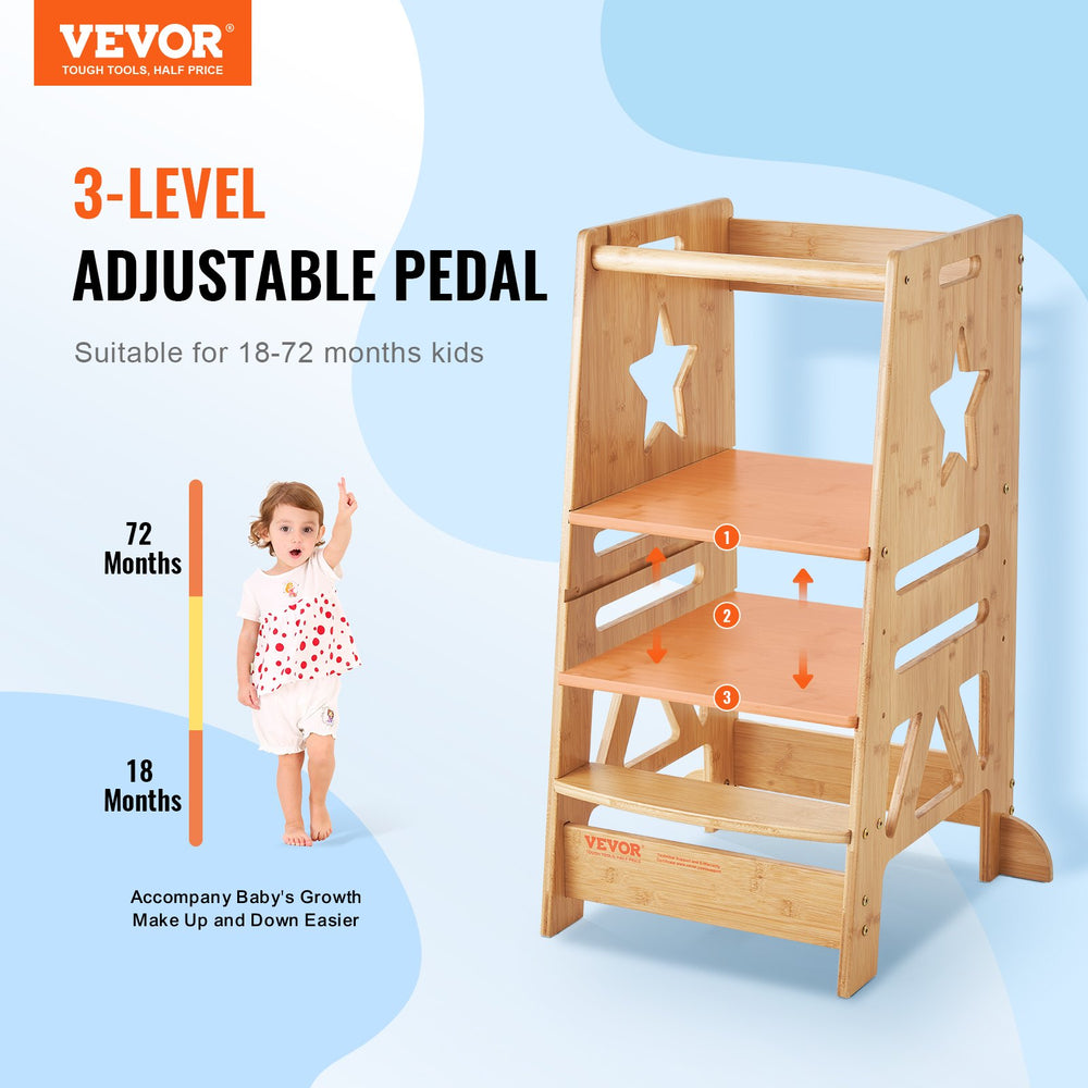 VEVOR Tower Step Stool for Kids and Toddlers, 3-Level Height Adjustable Toddler Kitchen Stool Helper, Bamboo Standing Tower Learning Stool with Safety Rail for Kitchen Counter Bathroom, 350LBS Loading