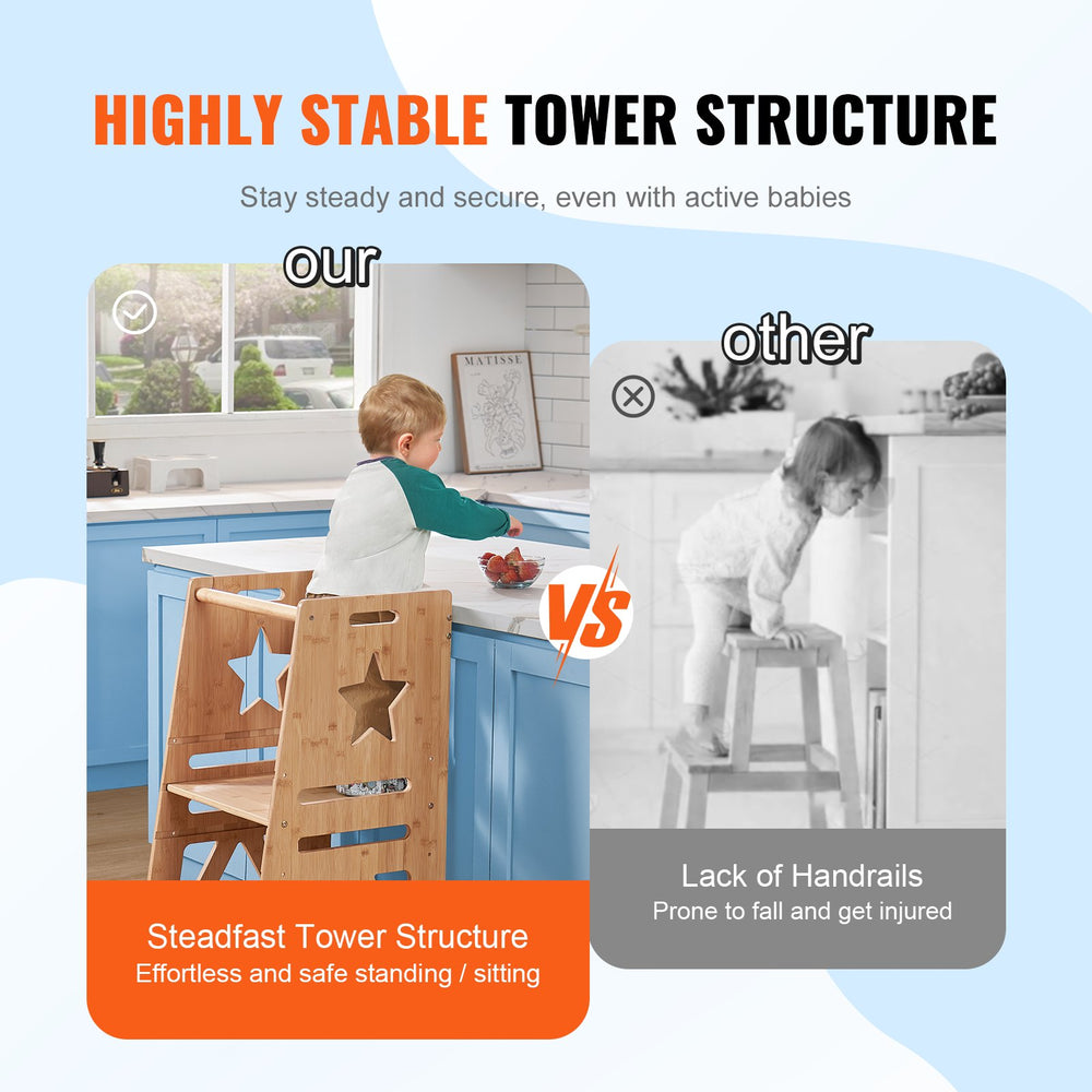 VEVOR Tower Step Stool for Kids and Toddlers, 3-Level Height Adjustable Toddler Kitchen Stool Helper, Bamboo Standing Tower Learning Stool with Safety Rail for Kitchen Counter Bathroom, 350LBS Loading