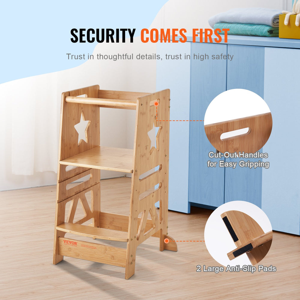VEVOR Tower Step Stool for Kids and Toddlers, 3-Level Height Adjustable Toddler Kitchen Stool Helper, Bamboo Standing Tower Learning Stool with Safety Rail for Kitchen Counter Bathroom, 350LBS Loading