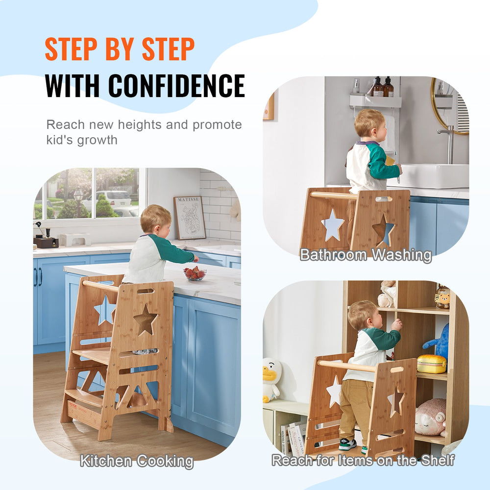 VEVOR Tower Step Stool for Kids and Toddlers, 3-Level Height Adjustable Toddler Kitchen Stool Helper, Bamboo Standing Tower Learning Stool with Safety Rail for Kitchen Counter Bathroom, 350LBS Loading